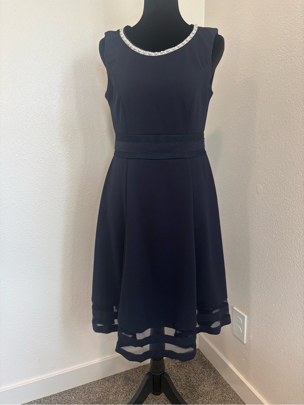 Navy Sleeveless Midi Dress with Beaded Neckline